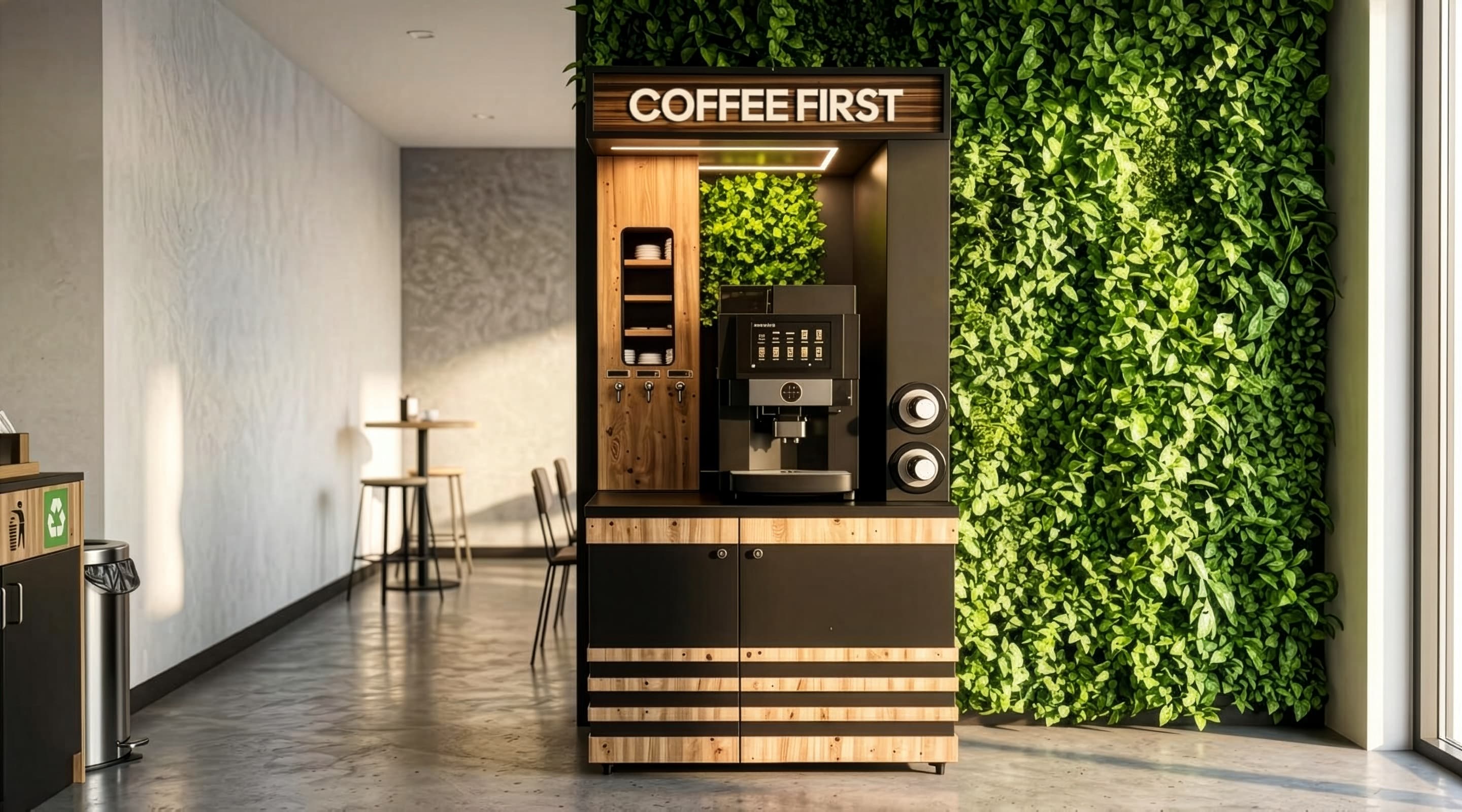 A Coffee First point: a black and pine kiosk with a bean-to-cup machine in front of a green living wall